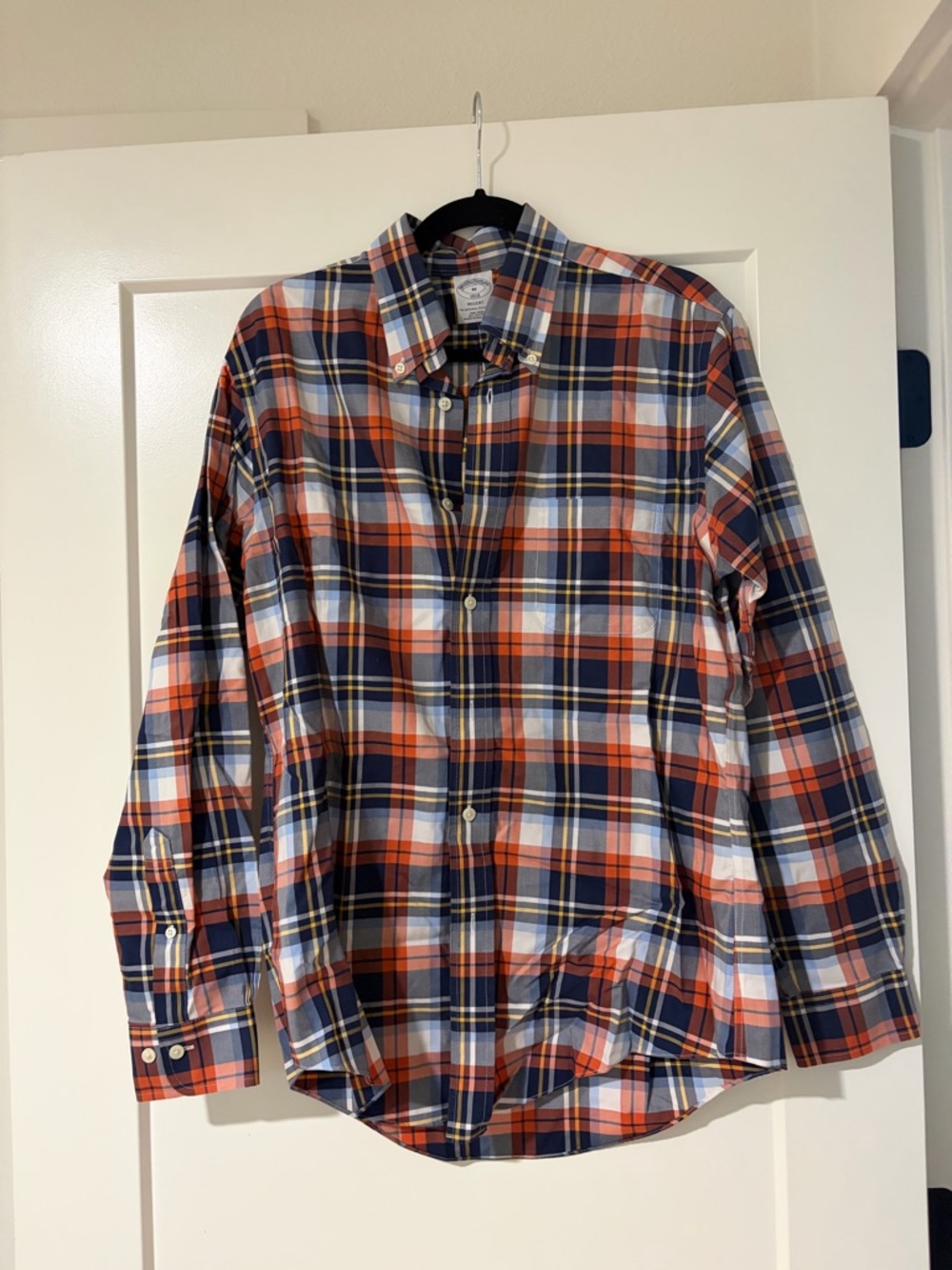 Brooks Brothers Plaid Button-Down Shirt — Navy, Orange & White